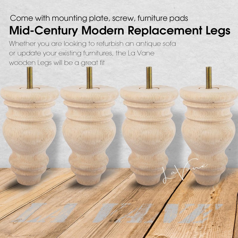 La Vane 5 inch / 12cm Unfinished Wooden Furniture Legs, 4PCS Soild Wood Turned Spindle Replacement Bun Feet with Pre-Drilled M8 Inch Bolt & Mounting Plate for Sofa Couch Chair Ottoman - Image 2